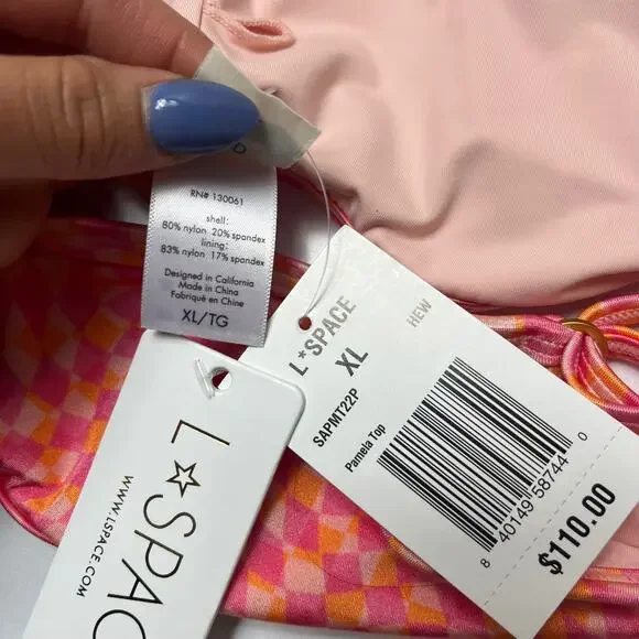 L*SPACE Pamela Bikini Top Heat Waves Pink Abstract Racerback Lined Size XL NEW - Picture 6 of 7